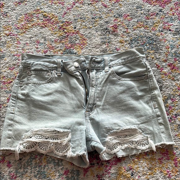 Women's Light Blue/Grey Distressed Denim Shorts - Picture 1 of 6